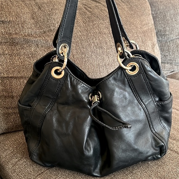 MICHAEL KORS Black Soft Leather Pleated Drawstring Satchel Gold Bag - Picture 8 of 12